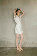 Load image into Gallery viewer, White linen wrap dress with V-neckline
