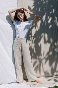 High waisted wide-leg pants made from 100% Linen spun from Belgian flax plant in natural color